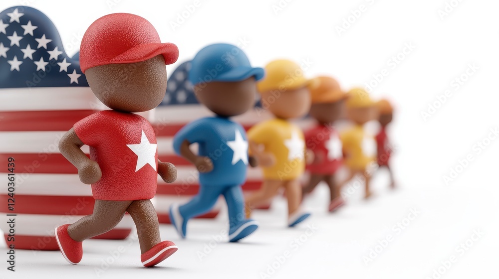 Diverse Children Running Race 3D Render American Flag White Background Diverse Children Running Race 3D Render American Flag White Background