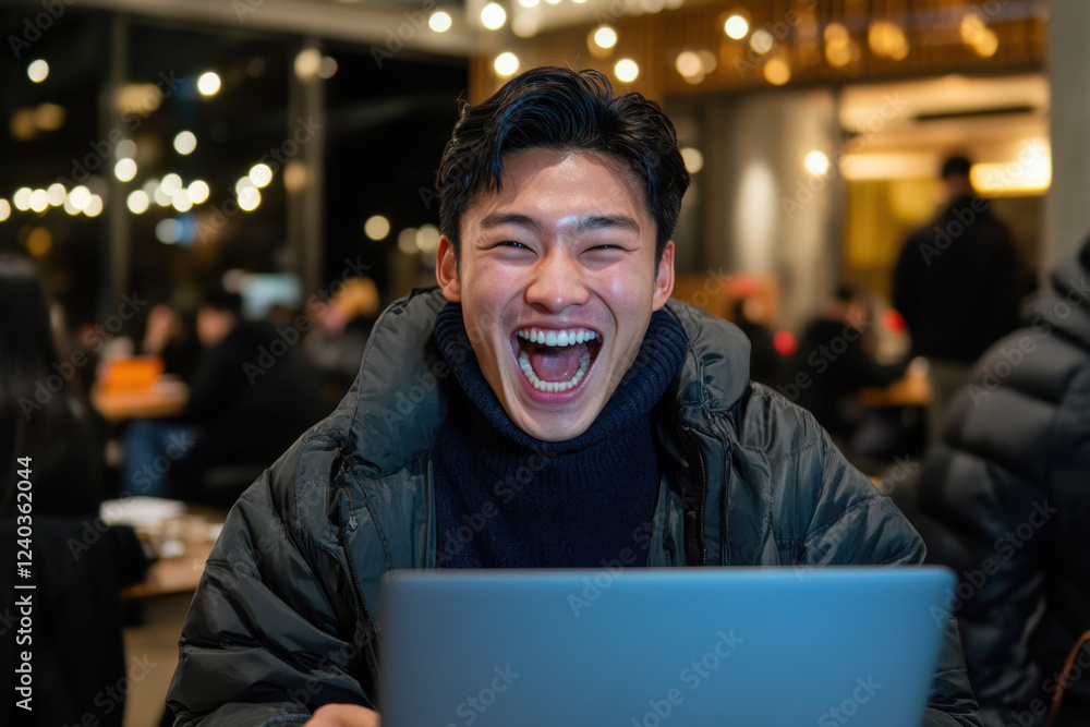 Obraz premium Young asian male laughing enthusiastically while using laptop in cozy cafe Laugh at Work Week
