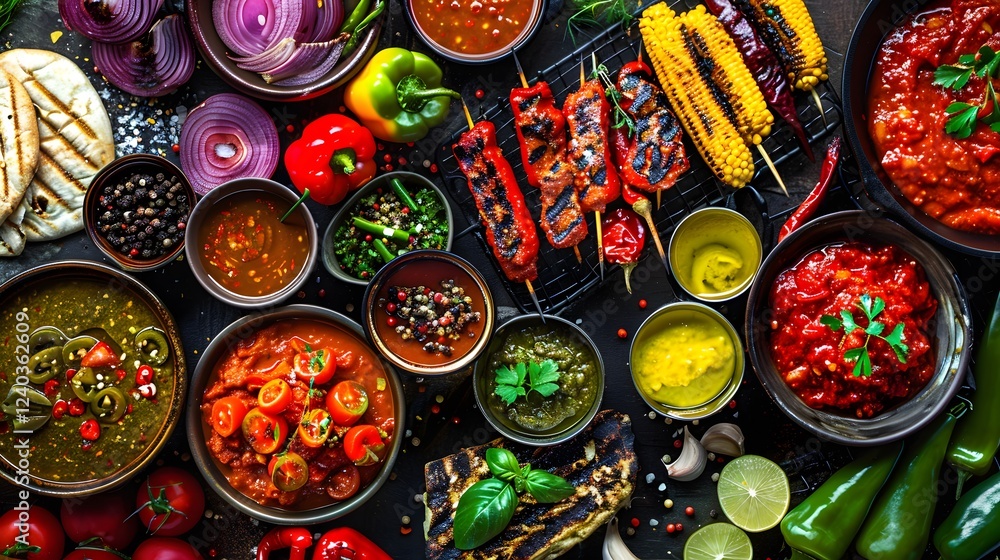 Fototapeta premium Spicy and Savory Food Spread with Grilled Corn on the Cob and Skewered Meat