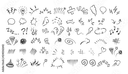 Manga or anime comic emoticon element graphic effects hand drawn doodle vector illustration set isolated on white background. Cartoon style manga doodle line expression scribble anime mark collection.