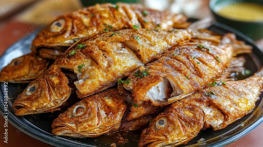 Fried fish on plate. Generative AI Fried fish on plate. Generative AI
