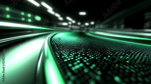 Green Light streaks on futuristic roadway at night