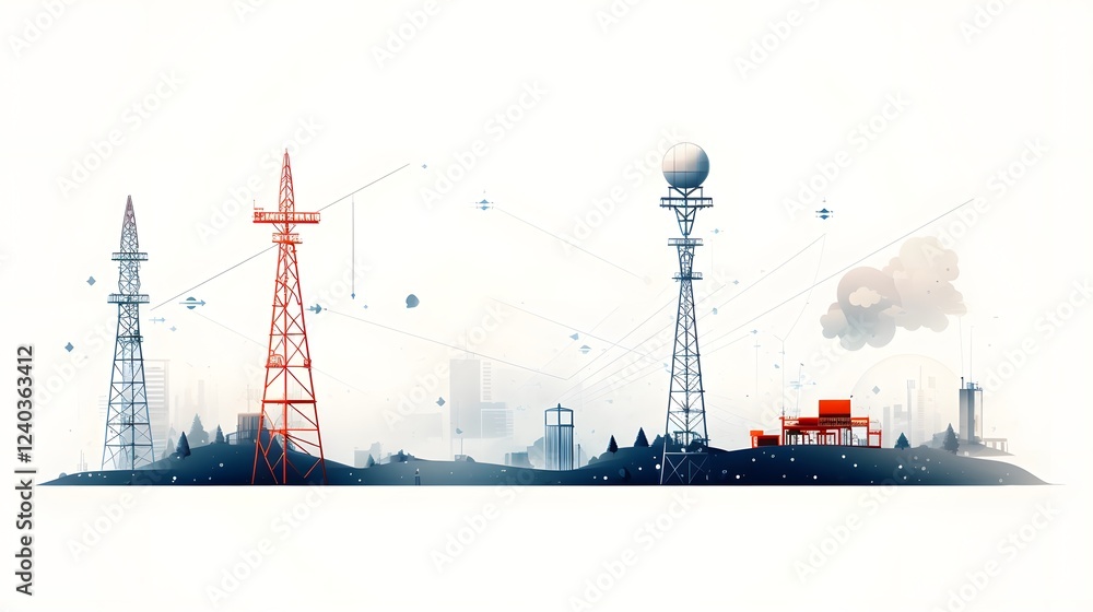 Obraz premium Iconic symbols representing the essential infrastructure of GPS satellite radar systems and communication towers that enable global connectivity data transmission