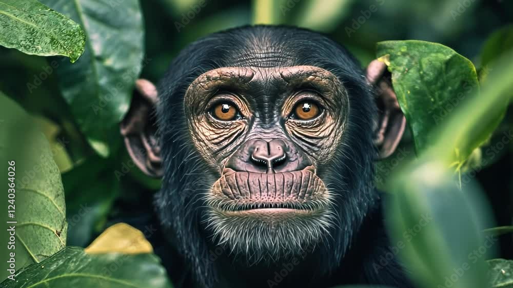 A close-up of a chimpanzee's face peering through lush green foliage.