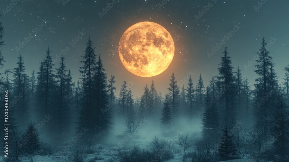 Naklejka premium A large full moon rises over a misty winter forest