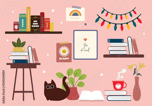 Cute colorful book and study element collection. Includes stacks of books, open and closed books in an educational theme. for learning, school, library, scientific, and fiction literature design