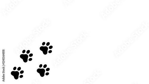 Animation a trail of black dog footprints on a white background, a dog walking forward alone on a path going from left to right.