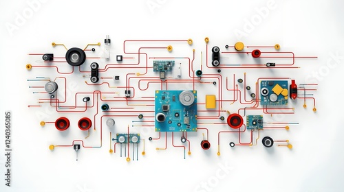 Detailed engineering icons showcasing the circuit soldering process breadboard and various electrical components arranged on a clean white background