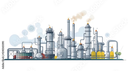 of Icons Representing a Chemical Plant Distillation Column and Chemical Storage Tank on a Clean White Background