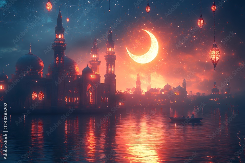 Magical Night with Crescent Moon Shimmering Palace and Lanterns
Magical Night with Crescent Moon Shimmering Palace and Lanterns