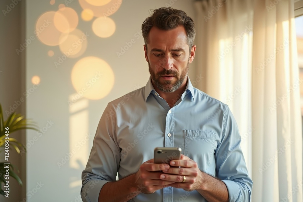 Man is looking at his cell phone while standing in room Man is looking at his cell phone while standing in room