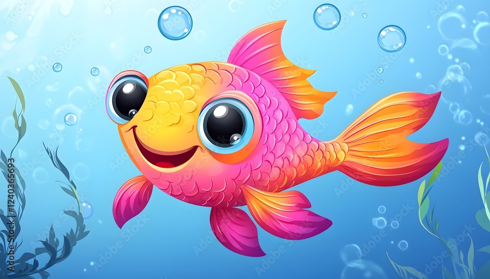 Naklejka premium Happy Pink and Orange Fish Swims Underwater