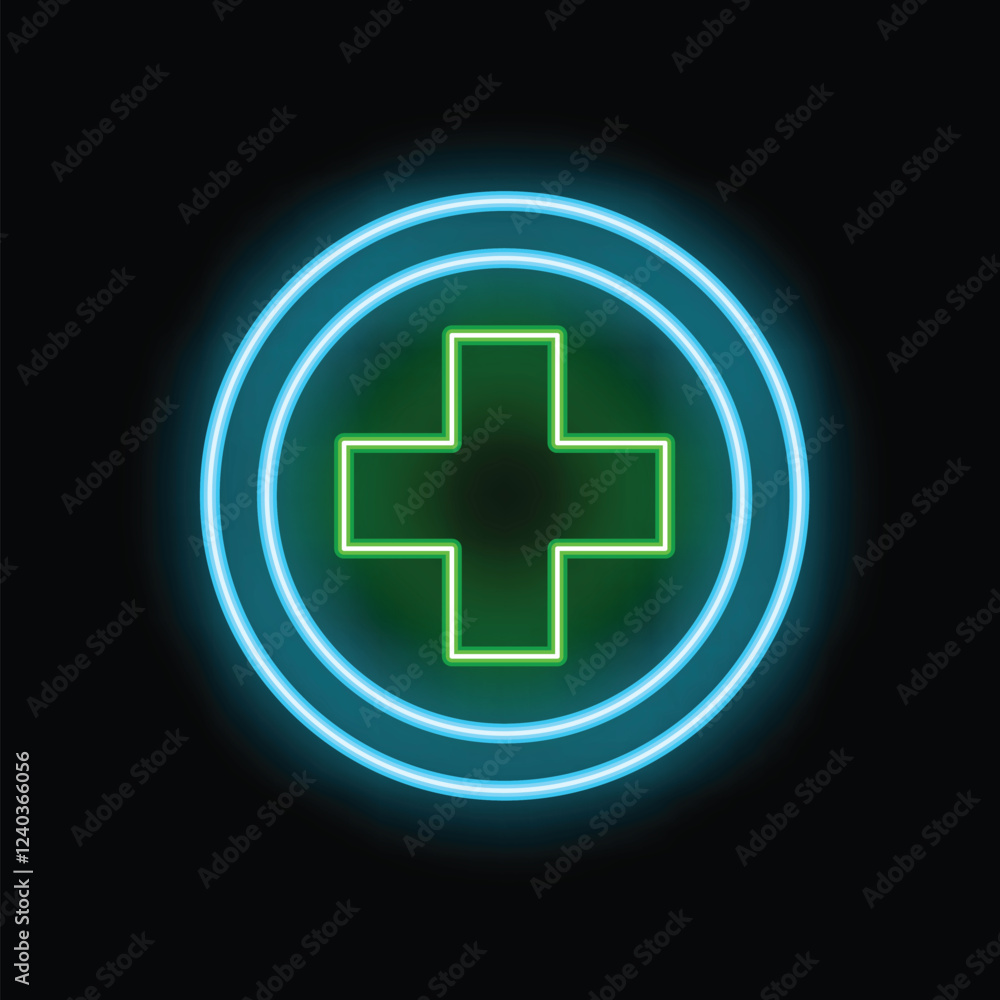 Green neon cross is glowing inside a blue neon circle on a black background Green neon cross is glowing inside a blue neon circle on a black background