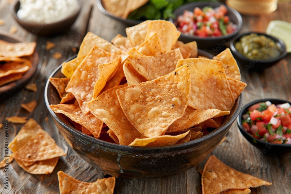National Potato Chip Day.Bowl of crispy potato chips with dipping sauces on a wooden table. National Potato Chip Day.Bowl of crispy potato chips with dipping sauces on a wooden table.