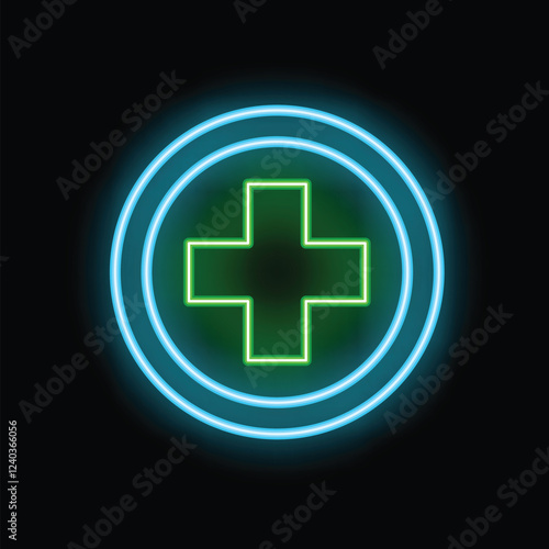 Green neon cross is glowing inside a blue neon circle on a black background