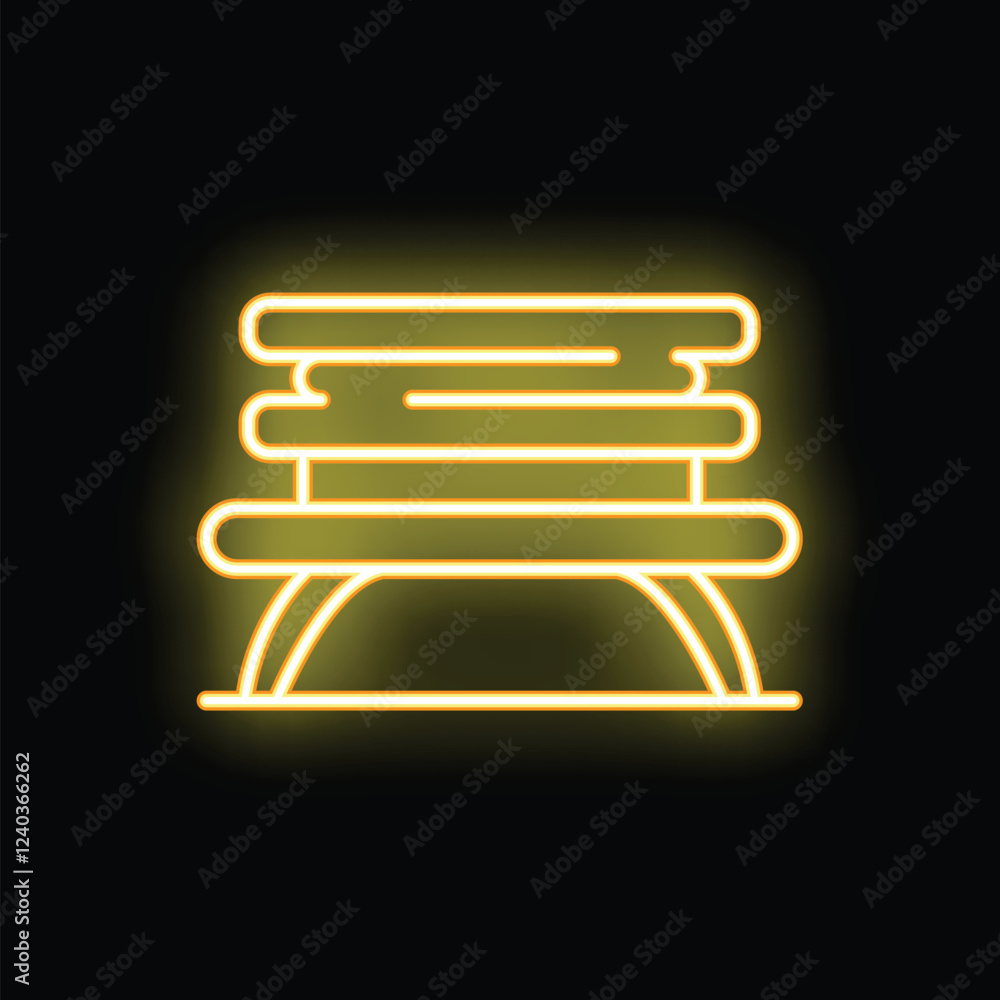 Simple yellow neon icon of a park bench glowing on a black background Simple yellow neon icon of a park bench glowing on a black background