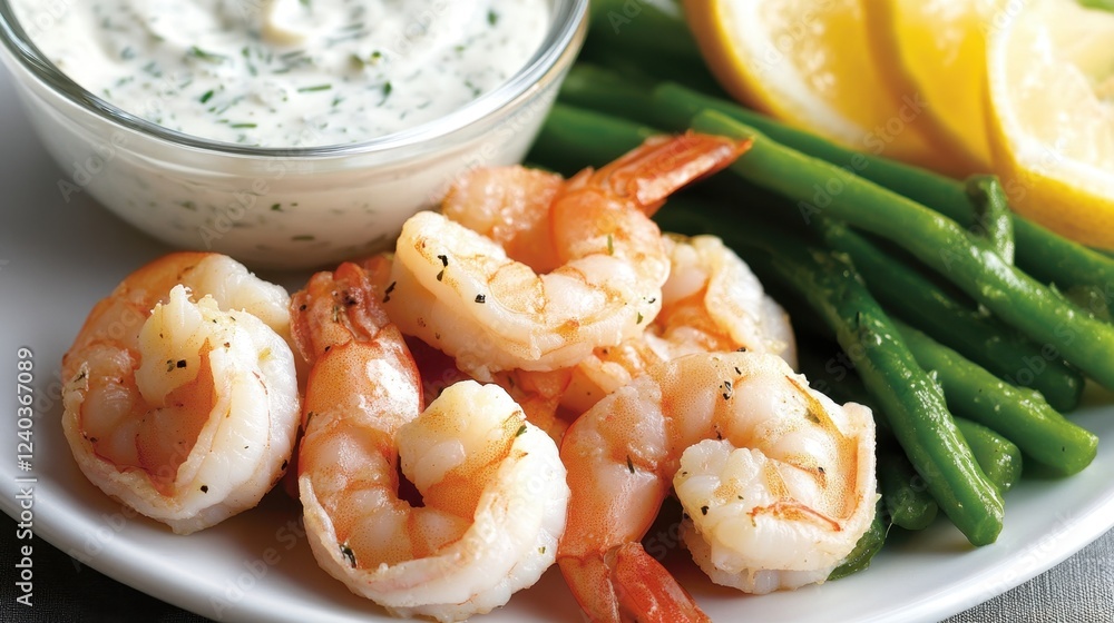 Succulent shrimp with green beans and lemon with herb dip on white plate National Shrimp Day Succulent shrimp with green beans and lemon with herb dip on white plate National Shrimp Day