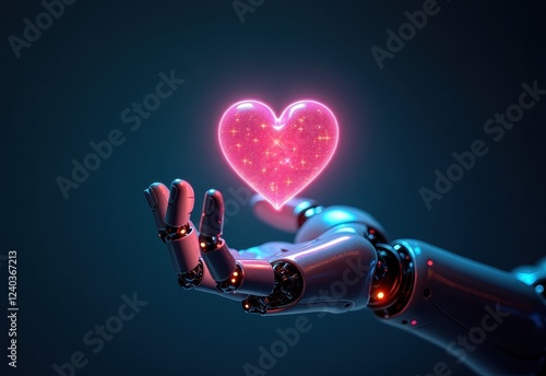 A robotic hand cradles a glowing red heart, symbolizing the concept of artificial intelligence and compassion, or the potential for robots to exhibit human-like emotions. photo