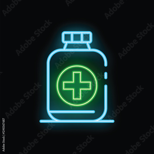 Glowing neon line medicine bottle and medical services icon isolated on black background