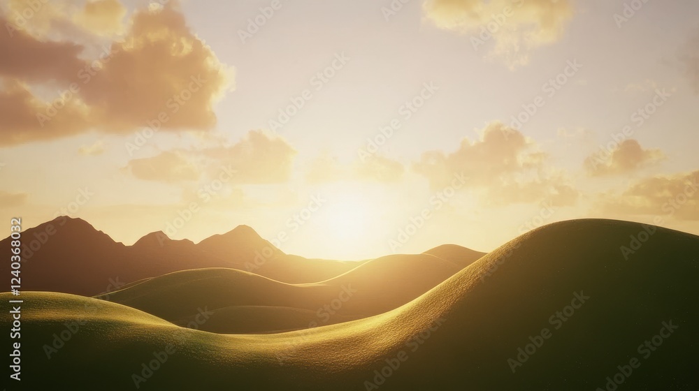 Majestic Sunset Over Rolling Hills, A Breathtaking Landscape Painting