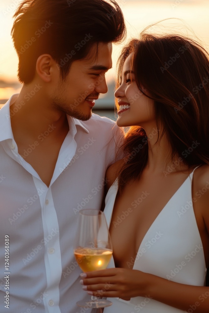 Smiling young asian couple embracing at sunset with wine glass Smiling young asian couple embracing at sunset with wine glass