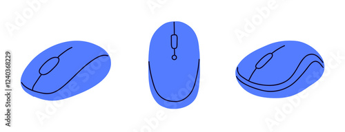Set of hand draw computer mouse with scroll wheel and buttons.Computer accessory  in colored doodle style. 