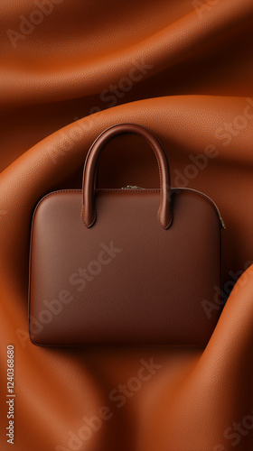 Sac à main en cuir marron sur fond de cuir camel ondulant, style minimaliste luxueux photo