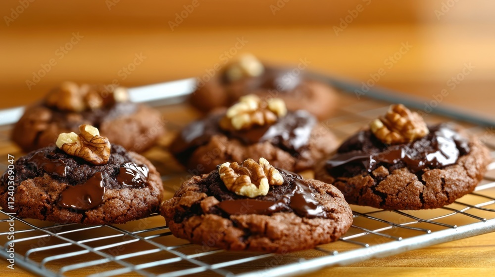 Freshly baked chocolate walnut cookies on cooling rack with melted chunks Freshly baked chocolate walnut cookies on cooling rack with melted chunks