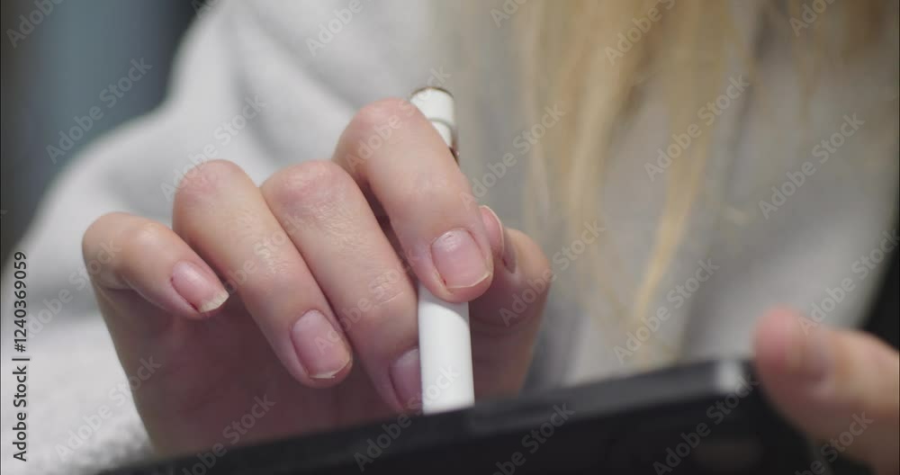 Female uses smartphone with a stylus 4K video