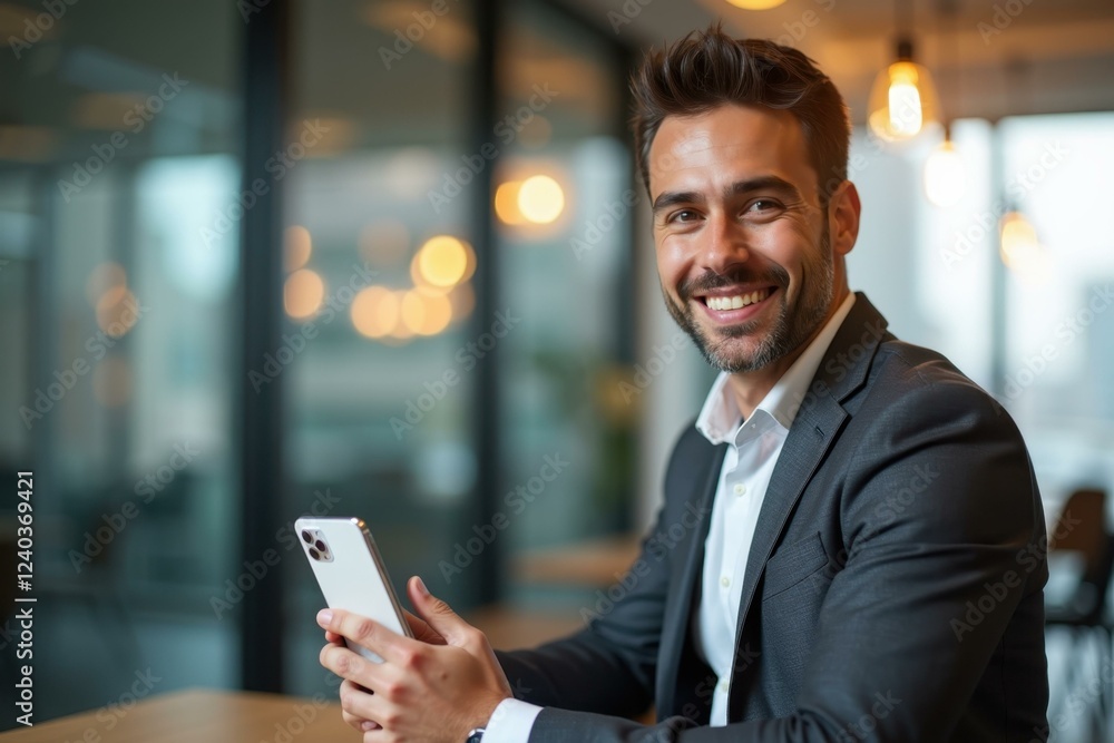 Man is smiling while holding cell phone in his hand Man is smiling while holding cell phone in his hand