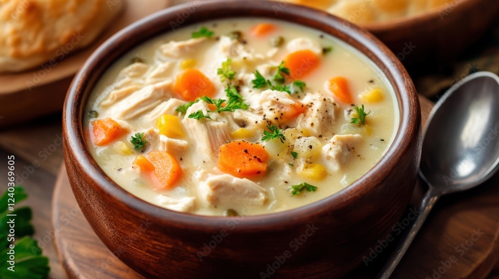 Warm comforting chicken soup with vegetables in wooden bowl Warm comforting chicken soup with vegetables in wooden bowl
