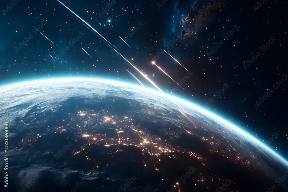 Obraz premium Stunning View of Earth with Bright Meteor Shower Above Nightlights