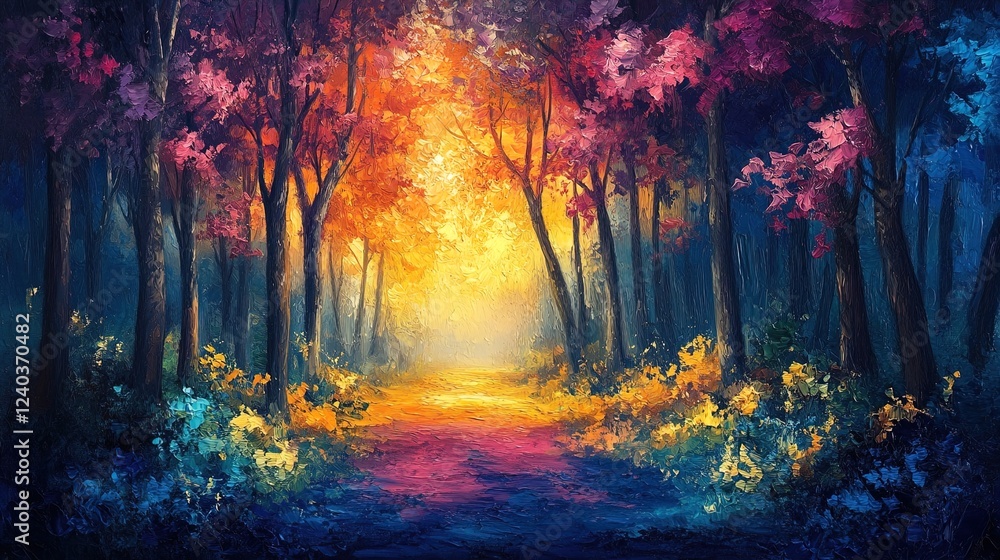 A vibrant oil painting-style forest scene with glowing light peeking through trees