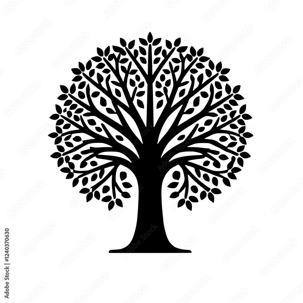 Obraz premium Tree of Life: A simple yet profound illustration of a fully-grown tree with a full canopy of leaves in a black and white silhouette, symbolizing growth, longevity, and the interconnectedness of life.