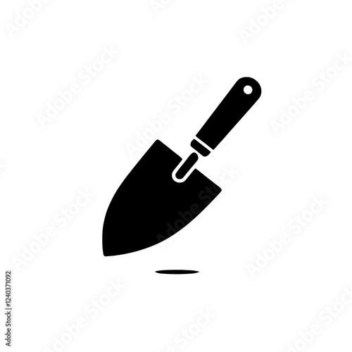 Gardening Trowel Icon: A simple yet powerful symbol of gardening, this minimalist icon depicts a black silhouette of a trowel with a wooden handle, casting a small shadow beneath it.