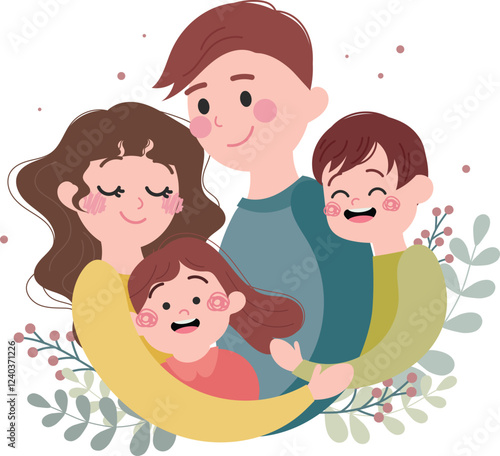 Happy big families hug. Parents and kids embrace with love, support. Mothers, fathers, children cuddle. Bonding relationship concept. Flat graphic vector illustrations isolated on white background