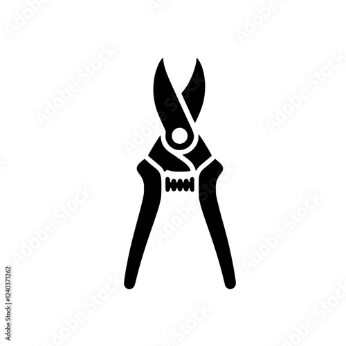 Gardening Pruning Shears Icon: A simple and modern black and white icon depicting a pair of pruning shears, perfect for use in website design, app interfaces, and educational materials.  