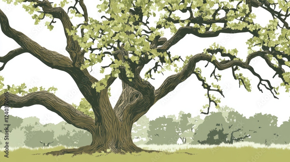 Fototapeta premium Majestic Oak Tree in a Serene Forest Landscape: A Captivating Artistic Depiction of Nature's Grandeur
