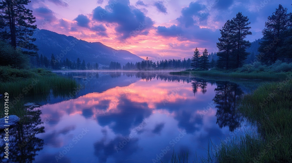 Fototapeta premium Serene Mountain Lake Sunset Reflection Landscape