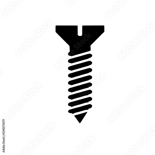 Simple Black Screw Icon: A clean, bold, and minimalist illustration of a screw in black silhouette, perfect for industrial design projects, DIY guides, and building infographics.