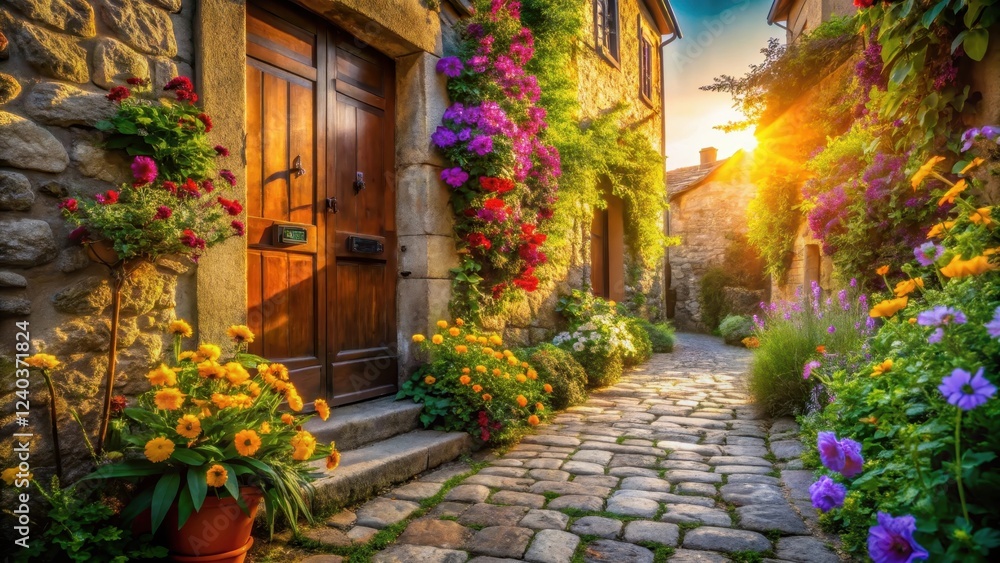 Fototapeta premium Sunlit Cobblestone Lane Adorned with Vibrant Blossoms and a Rustic Wooden Door