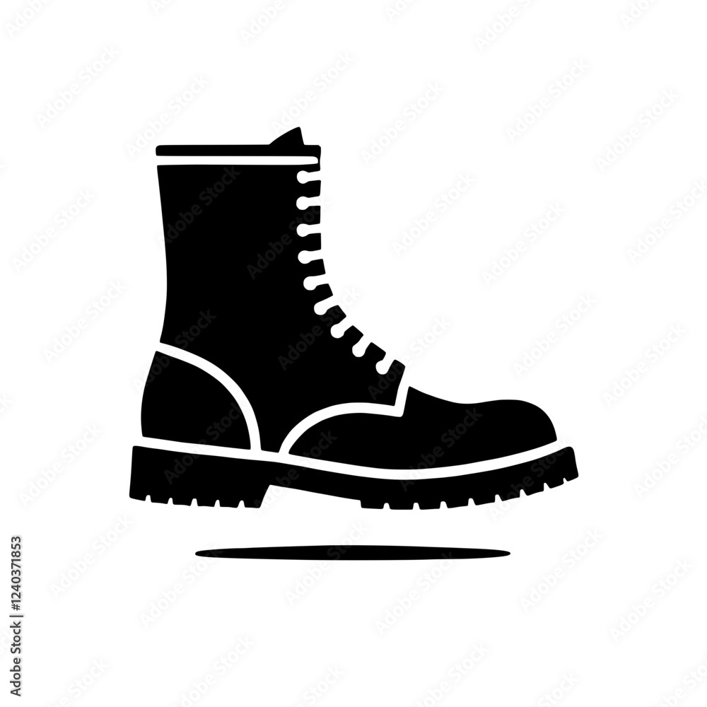 Black & White Boot Icon: A bold, minimalist silhouette of a classic combat boot, featuring lace-up details and a rugged tread sole. This simple yet stylish icon is ideal for representing style. Black & White Boot Icon: A bold, minimalist silhouette of a classic combat boot, featuring lace-up details and a rugged tread sole. This simple yet stylish icon is ideal for representing style.