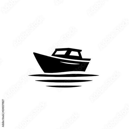 Silhouette of a Boat on the Water: A sleek black silhouette of a boat with a cabin gliding gracefully across the water. Its simplicity makes it ideal for use in branding, logos.