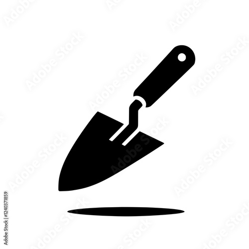 Trowel Icon: A bold, minimalist icon of a trowel, a common gardening tool, depicted in solid black with a subtle drop shadow.