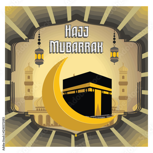 Hajj Mubarak Greeting concept with Crescent Moon and Kaaba.