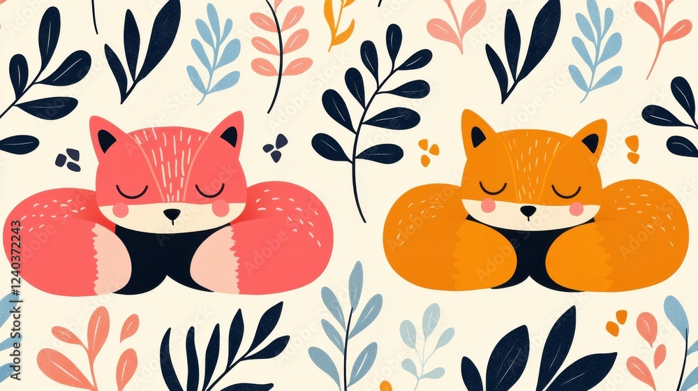 Charming of two sleeping baby foxes and bears nestled in a cozy nature inspired scene with lush foliage floral patterns and a tranquil relaxing atmosphere Charming of two sleeping baby foxes and bears nestled in a cozy nature inspired scene with lush foliage floral patterns and a tranquil relaxing atmosphere