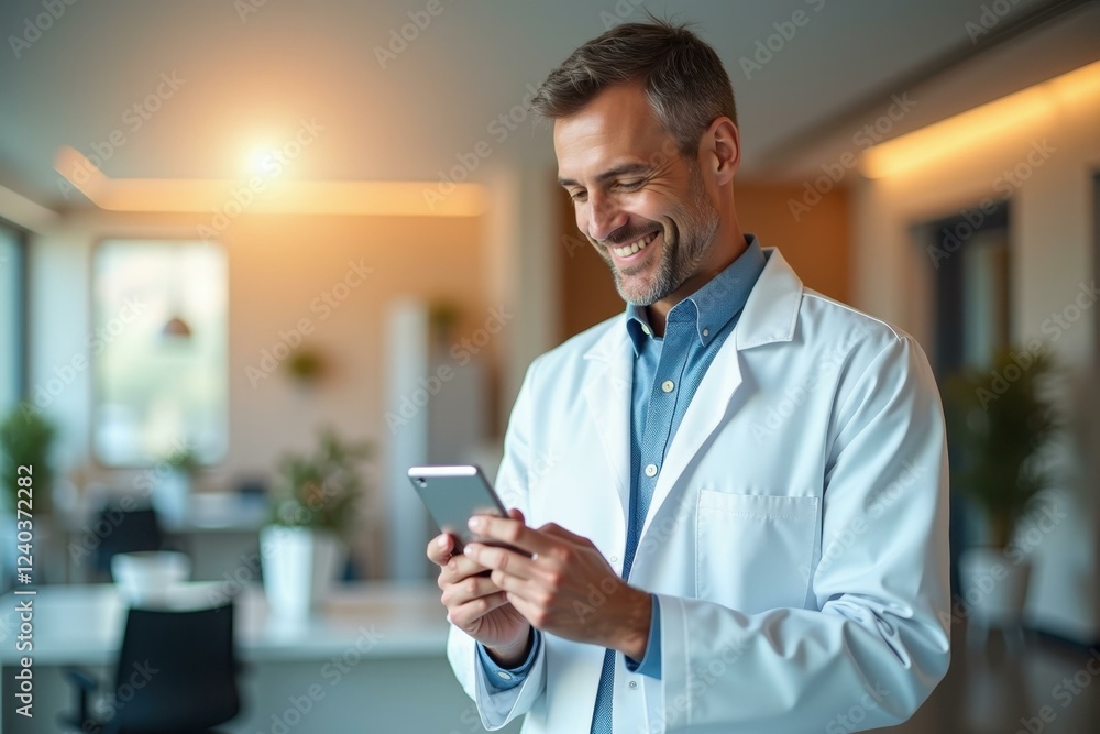 Man is wearing lab coat and holding cell phone Man is wearing lab coat and holding cell phone