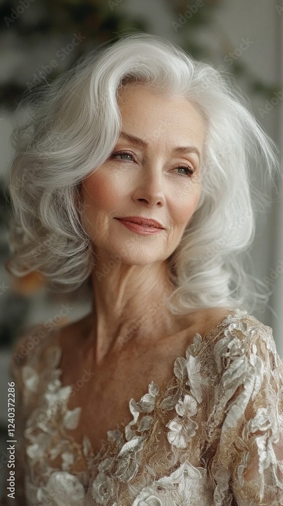 An elderly woman with flowing silver hair gracefully poses in a beautifully embroidered golden outfit. Her serene expression emanates a sense of wisdom and elegance in a softly lit indoor space An elderly woman with flowing silver hair gracefully poses in a beautifully embroidered golden outfit. Her serene expression emanates a sense of wisdom and elegance in a softly lit indoor space