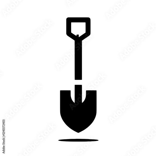 Simple Shovel Icon: A black and white silhouette of a shovel, with a subtle shadow, showcasing a classic tool for digging, gardening, and construction.