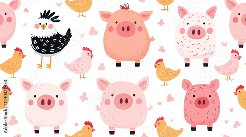 Colorful and Playful Farmyard Animal Pattern Featuring Pigs Chickens Sheep Goats and Other Cute Domestic Creatures  Ideal for Nursery Children s Decor Wallpaper or Textile Design